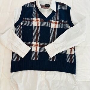 Rachel Zoe V-Neck Navy Plaid Sweater Vest with blouse